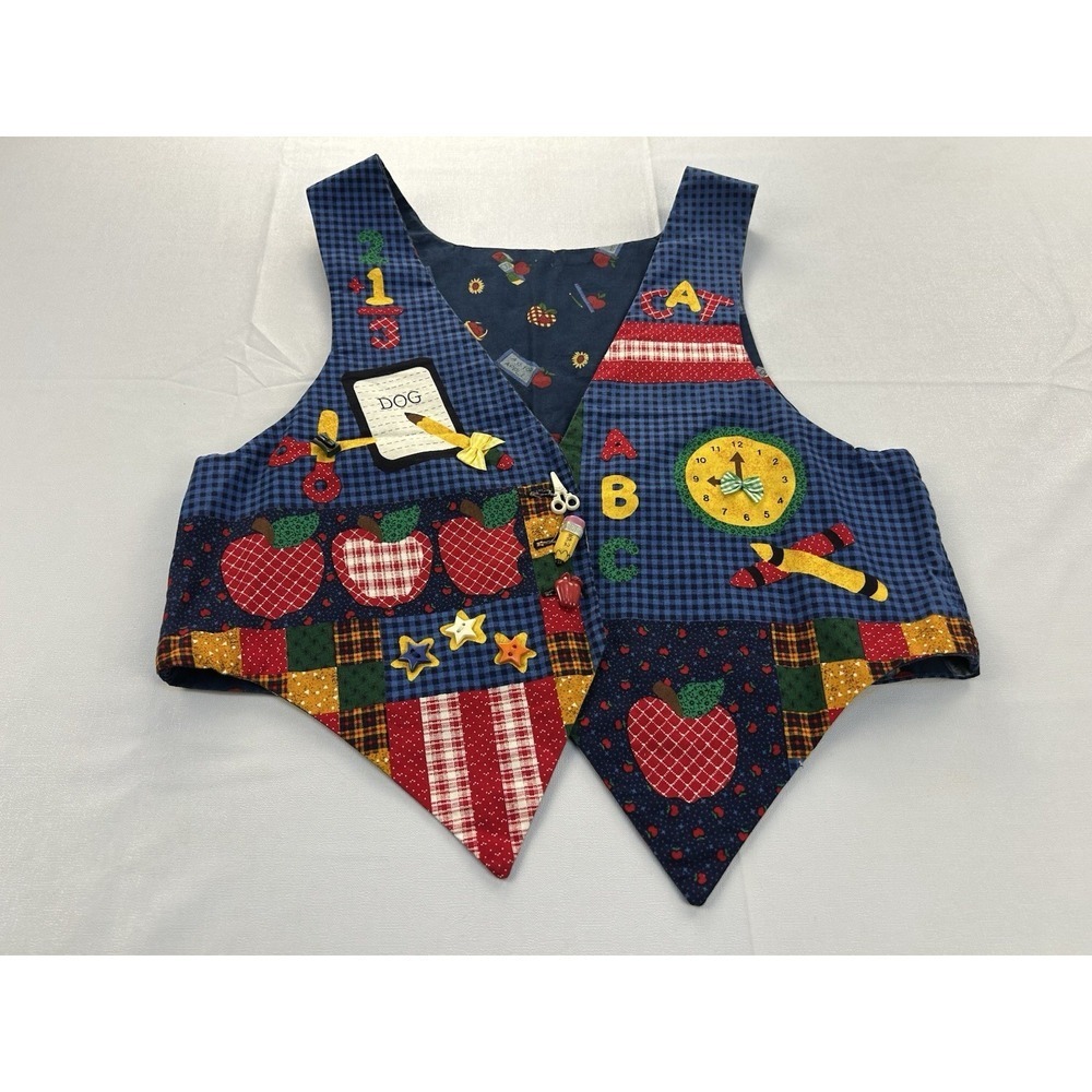 Vintage Handmade Teacher Vest Kids Size 10 School Bus Apple ABC Patchwork